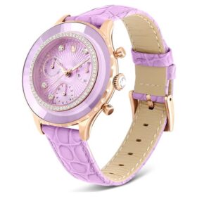 Zegarek Octea Chrono Swiss Made, skórzany pasek, fioletowy, wykończenie w odcieniu różowego złota