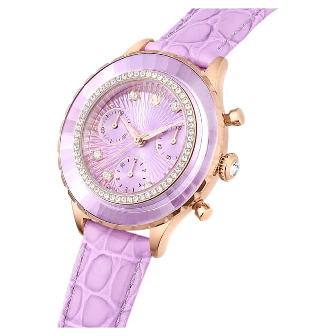 Zegarek Octea Chrono Swiss Made, skórzany pasek, fioletowy, wykończenie w odcieniu różowego złota Zegarek Octea Chrono Swiss Made, skórzany pasek, fioletowy, wykończenie w odcieniu różowego złota