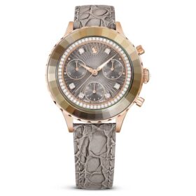 Zegarek Octea Chrono Swiss Made, skórzany pasek, szary, wykończenie w odcieniu różowego złota