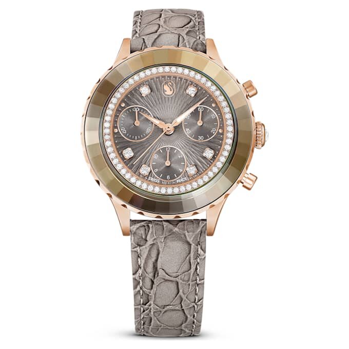 Zegarek Octea Chrono Swiss Made, skórzany pasek, szary, wykończenie w odcieniu różowego złota Zegarek Octea Chrono Swiss Made, skórzany pasek, szary, wykończenie w odcieniu różowego złota