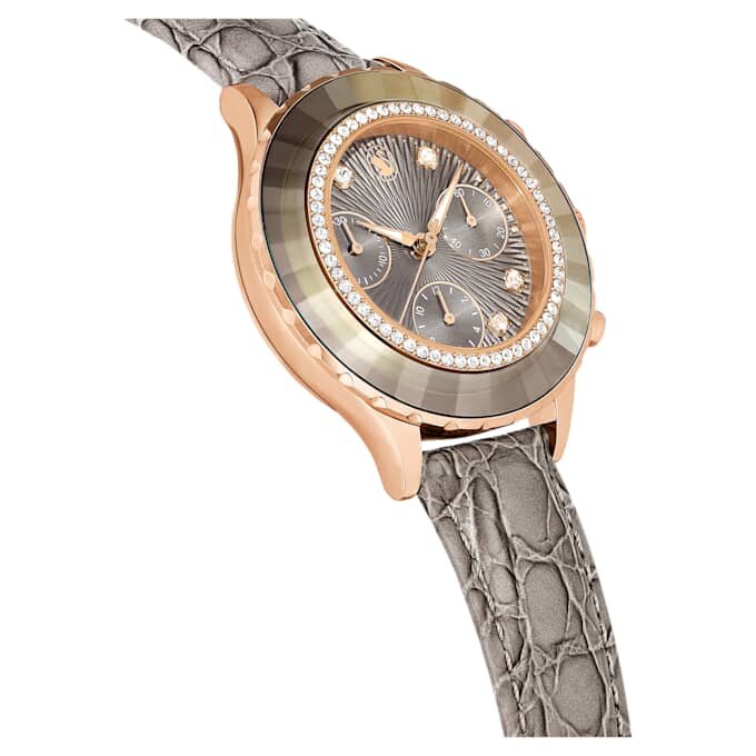 Zegarek Octea Chrono Swiss Made, skórzany pasek, szary, wykończenie w odcieniu różowego złota Zegarek Octea Chrono Swiss Made, skórzany pasek, szary, wykończenie w odcieniu różowego złota