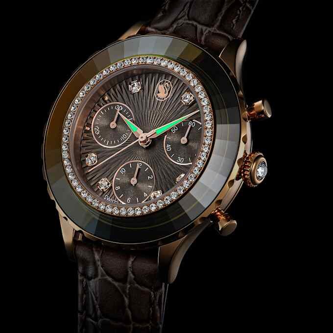 Zegarek Octea Chrono Swiss Made, skórzany pasek, szary, wykończenie w odcieniu różowego złota Zegarek Octea Chrono Swiss Made, skórzany pasek, szary, wykończenie w odcieniu różowego złota