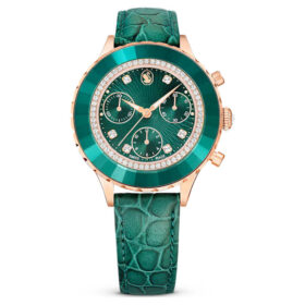 Zegarek Octea Chrono Swiss Made, skórzany pasek, zielony, wykończenie w odcieniu różowego złota