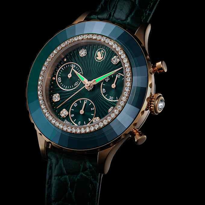 Zegarek Octea Chrono Swiss Made, skórzany pasek, zielony, wykończenie w odcieniu różowego złota Zegarek Octea Chrono Swiss Made, skórzany pasek, zielony, wykończenie w odcieniu różowego złota