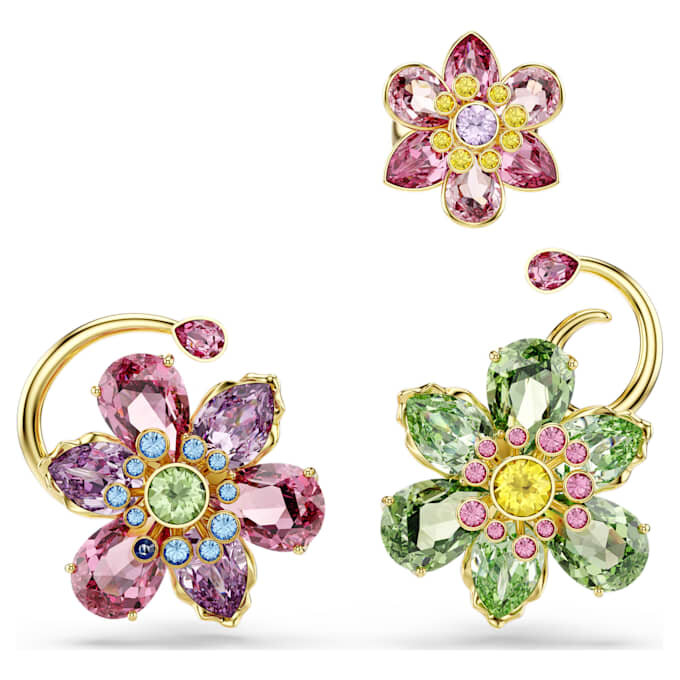 Zestaw kolczyków typu ear cuff „Idyllia” (3 szt.), asymetryczny wzór, różne szlify, motyw kwiatowy, wielokolorowe, pozłacane Zestaw kolczyków typu ear cuff „Idyllia” (3 szt.), asymetryczny wzór, różne szlify, motyw kwiatowy, wielokolorowe, pozłacane