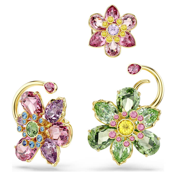 Zestaw kolczyków typu ear cuff „Idyllia” (3 szt.), asymetryczny wzór, różne szlify, motyw kwiatowy, wielokolorowe, pozłacane Zestaw kolczyków typu ear cuff „Idyllia” (3 szt.), asymetryczny wzór, różne szlify, motyw kwiatowy, wielokolorowe, pozłacane