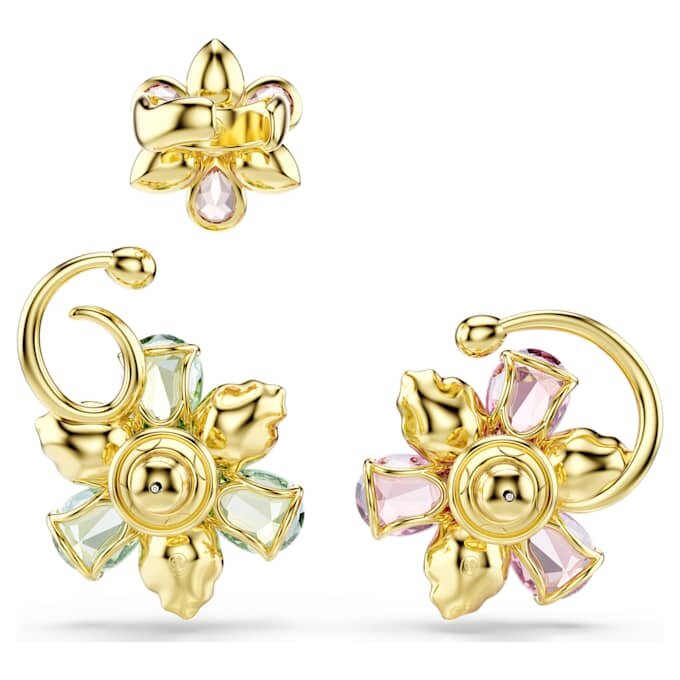 Zestaw kolczyków typu ear cuff „Idyllia” (3 szt.), asymetryczny wzór, różne szlify, motyw kwiatowy, wielokolorowe, pozłacane Zestaw kolczyków typu ear cuff „Idyllia” (3 szt.), asymetryczny wzór, różne szlify, motyw kwiatowy, wielokolorowe, pozłacane
